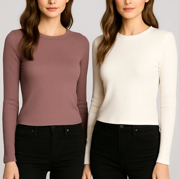 NWT Gypsy + Jade 2 Pack Mauve & Cream Fitted Ribbed Long Sleeve Tees Tops - Picture 1 of 10